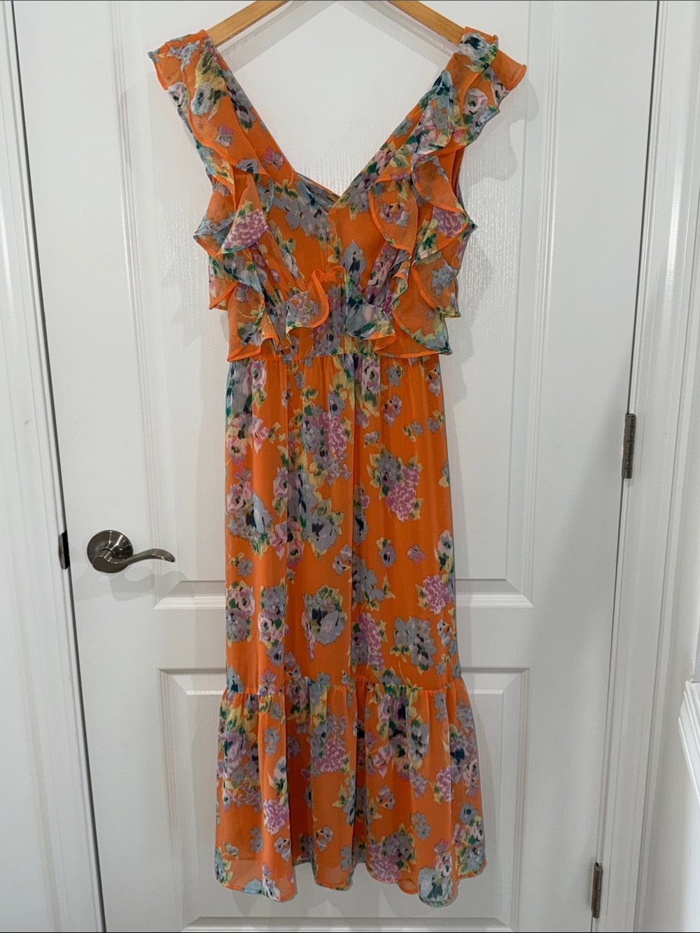 LC Lauren Conrad Orange Floral Ruffle Maxi Dress